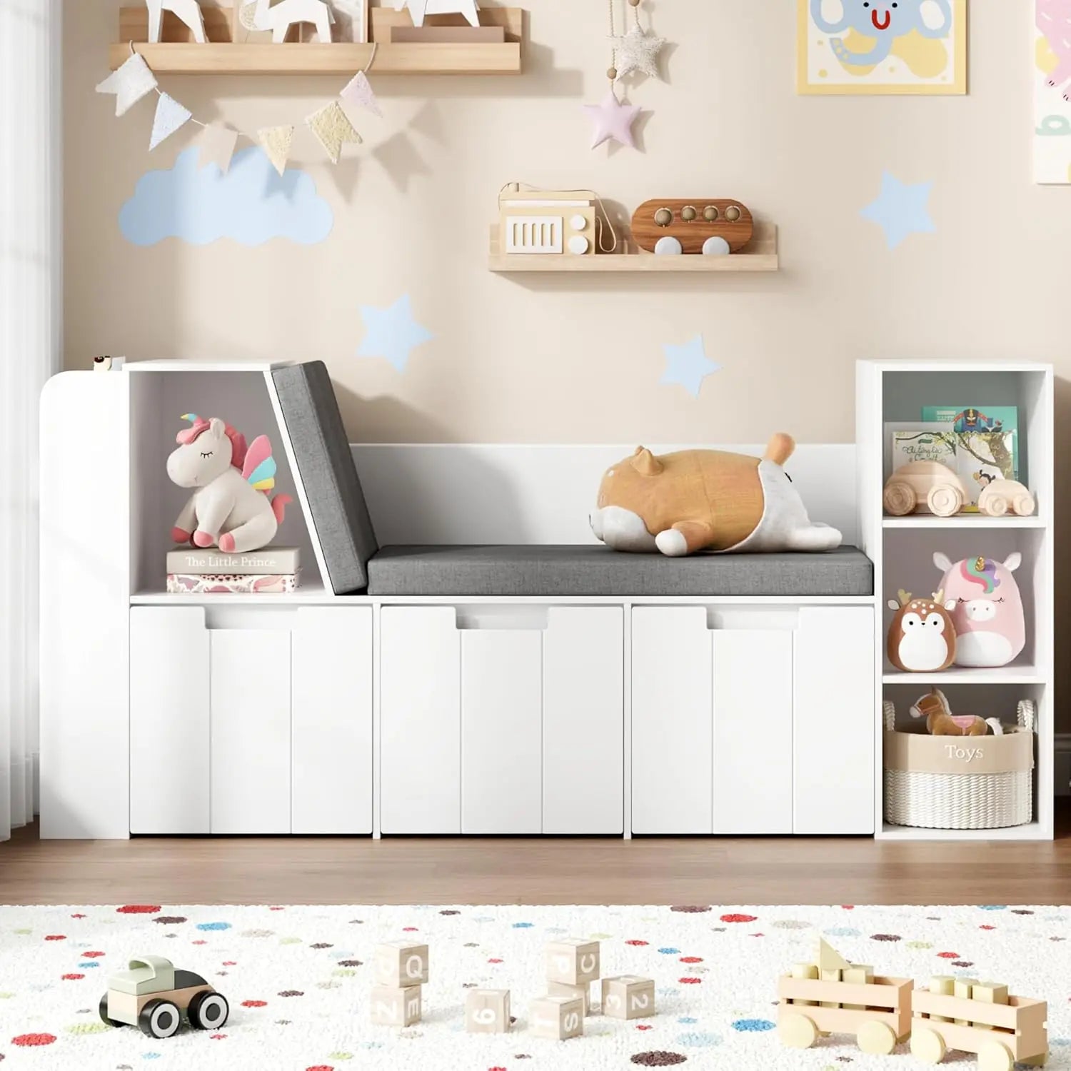 61.5 Kids Reading Nook with 3-Layer Bookshelf, Reading Nook for Kids with Double Bench and Rolling Drawers, Bookshelf and Toy St