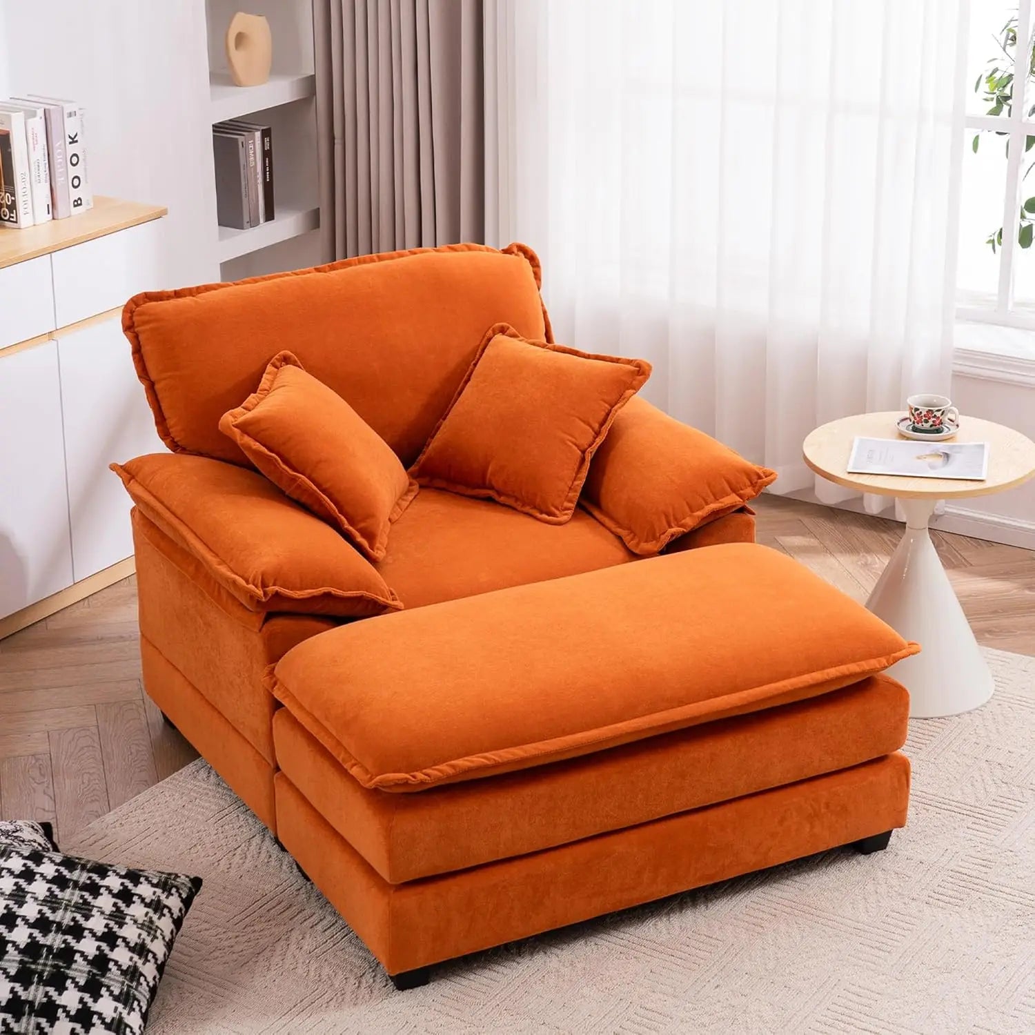 Oversized Chaise Lounge Chair with Ottoman，56.3" Indoor Velvet Deep Seat Reading Chairs,Comfort Accent Leisure Chair Set for Liv
