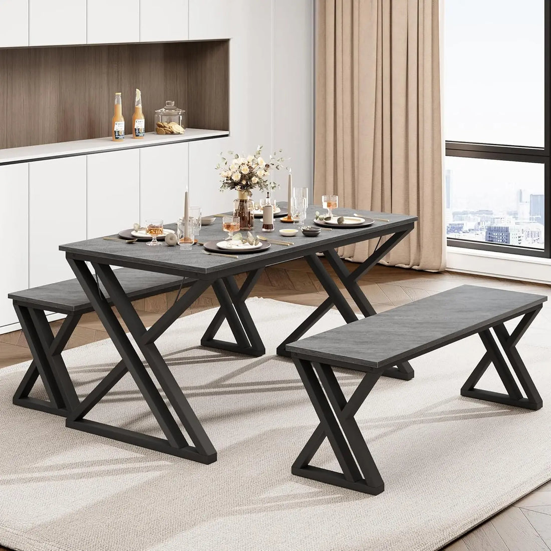 Kitchen Table Set with 2 Benches Space Saving Dining Room Table &amp; Benches Sturdy Metal Frame Dinette Set for Home Grey