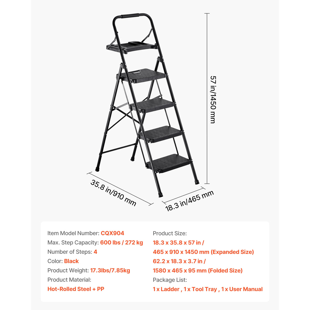 SucceBuy 2/3/4/5 Step Ladder Folding Step Stool with Wide Anti-Slip Pedal Tray Dual Side Handrails 600 home Household and Office