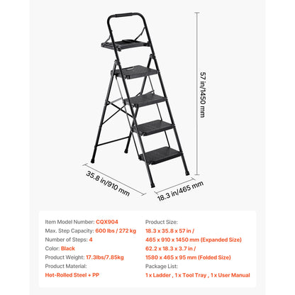 SucceBuy 2/3/4/5 Step Ladder Folding Step Stool with Wide Anti-Slip Pedal Tray Dual Side Handrails 600 home Household and Office