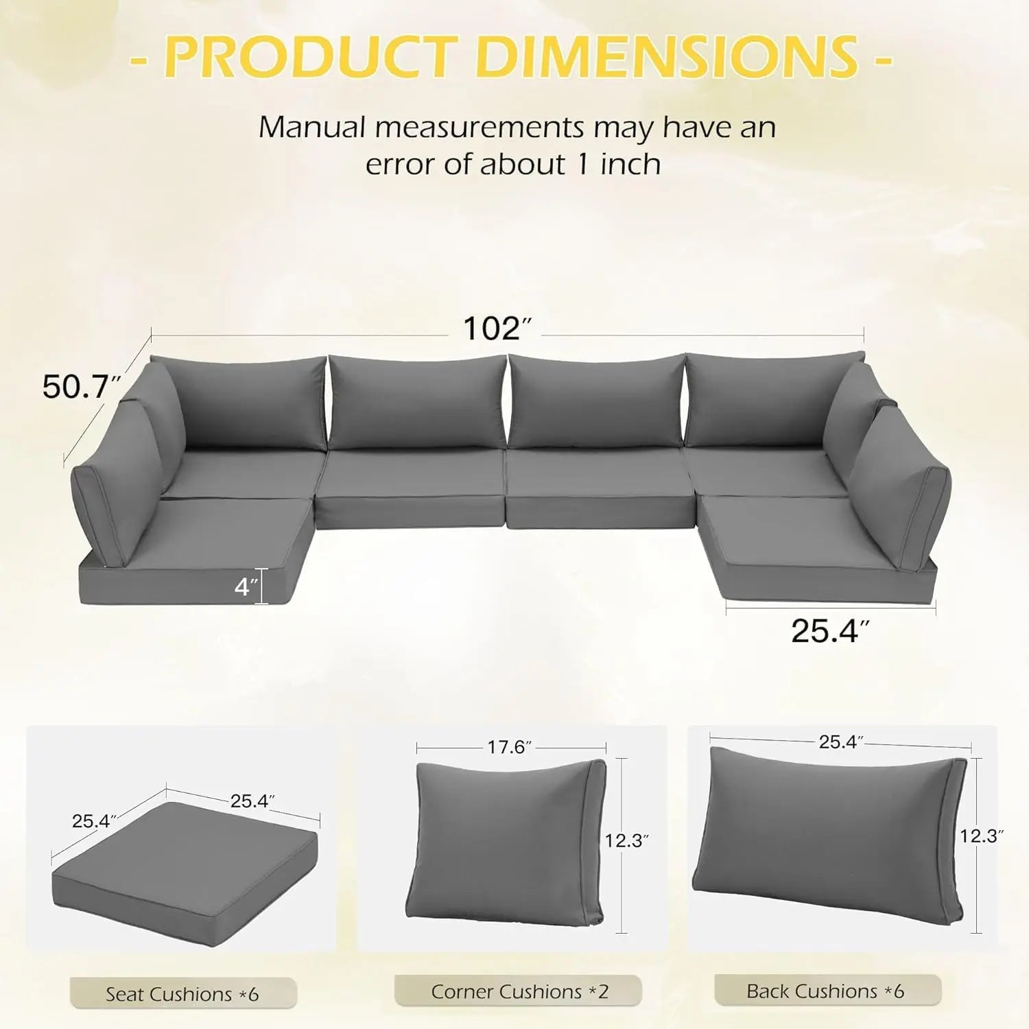 Water-Repellent Sofa Cushion for 6-Seat Rattan Wicker Sectional Patio Conversation Sets