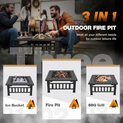 Outdoor Metal Fire Pit Table with Waterproof Cover for Patios