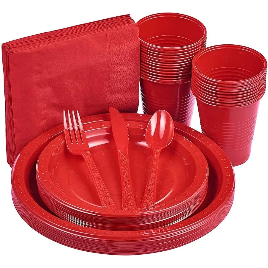 175 PCS Red Plastic Dinnerware Set for Outdoor Events and Gatherings Includes 50 Plates 25 Cups 25 Napkins 25 Cutlery Spoons Fo