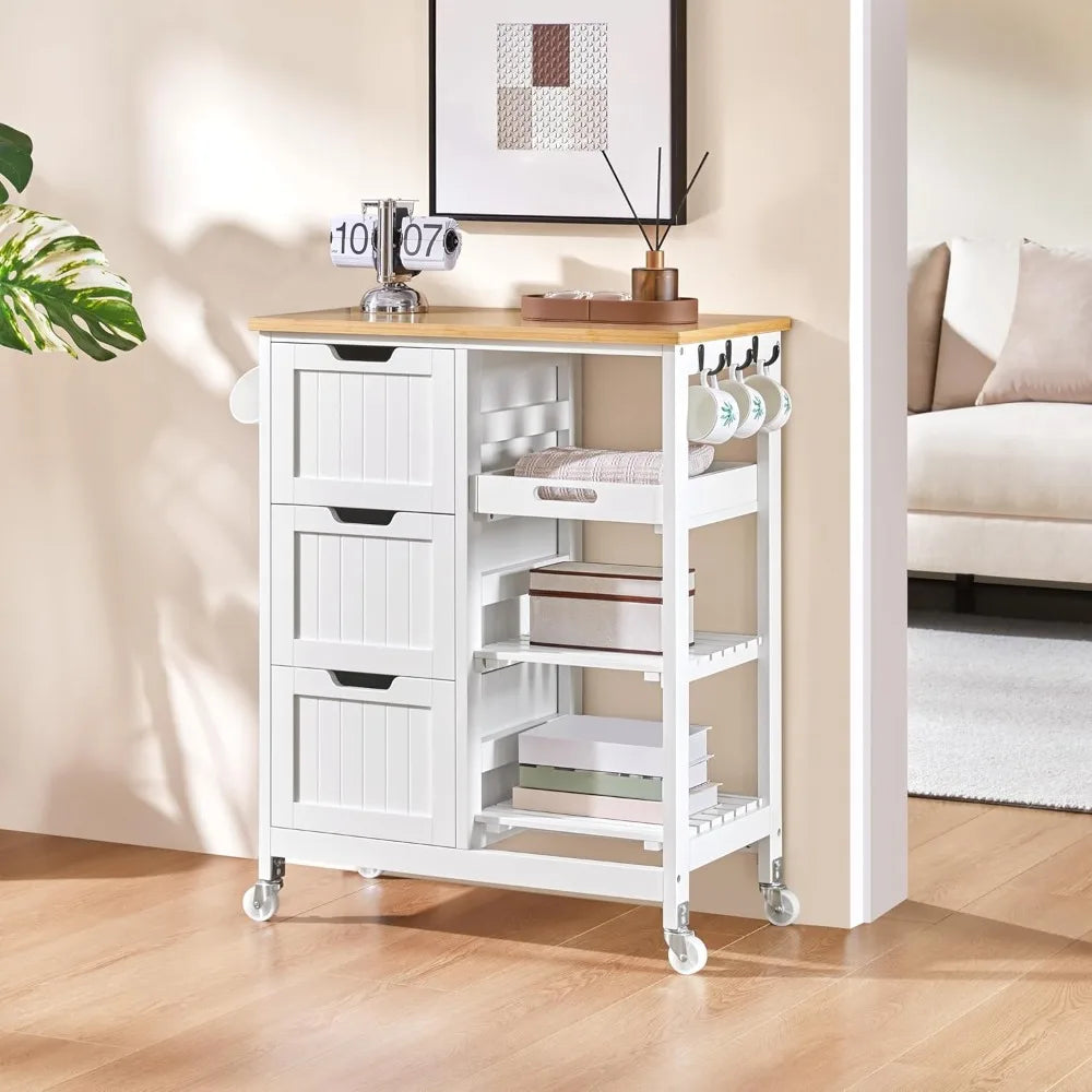 Kitchen Island Cart on Wheels, Rolling Storage Cart with Bamboo Countertop, 3 Drawers, 3 Removable Shelves &amp; Lockable Casters