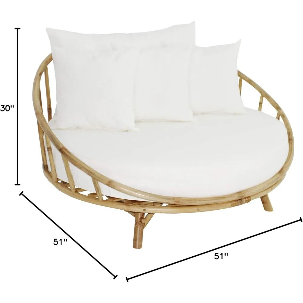 ZEW Rattan Bamboo Round Daybed Outdoor Sofa Chair with Cushion and Pillows for Backyard, Porch, Swimming Pool, Living Room