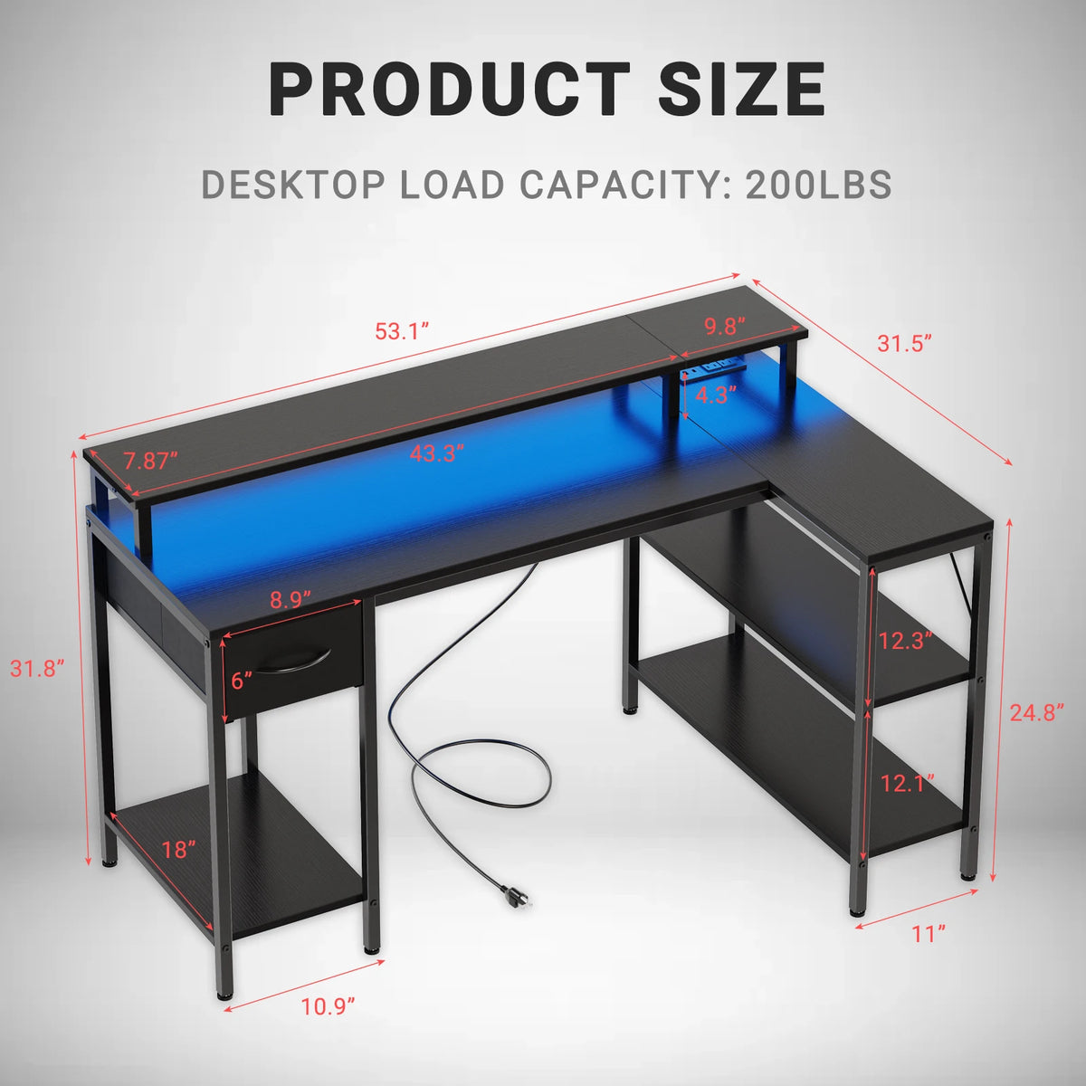JHK L-Shaped Gaming Desk With USB And LED Lighting