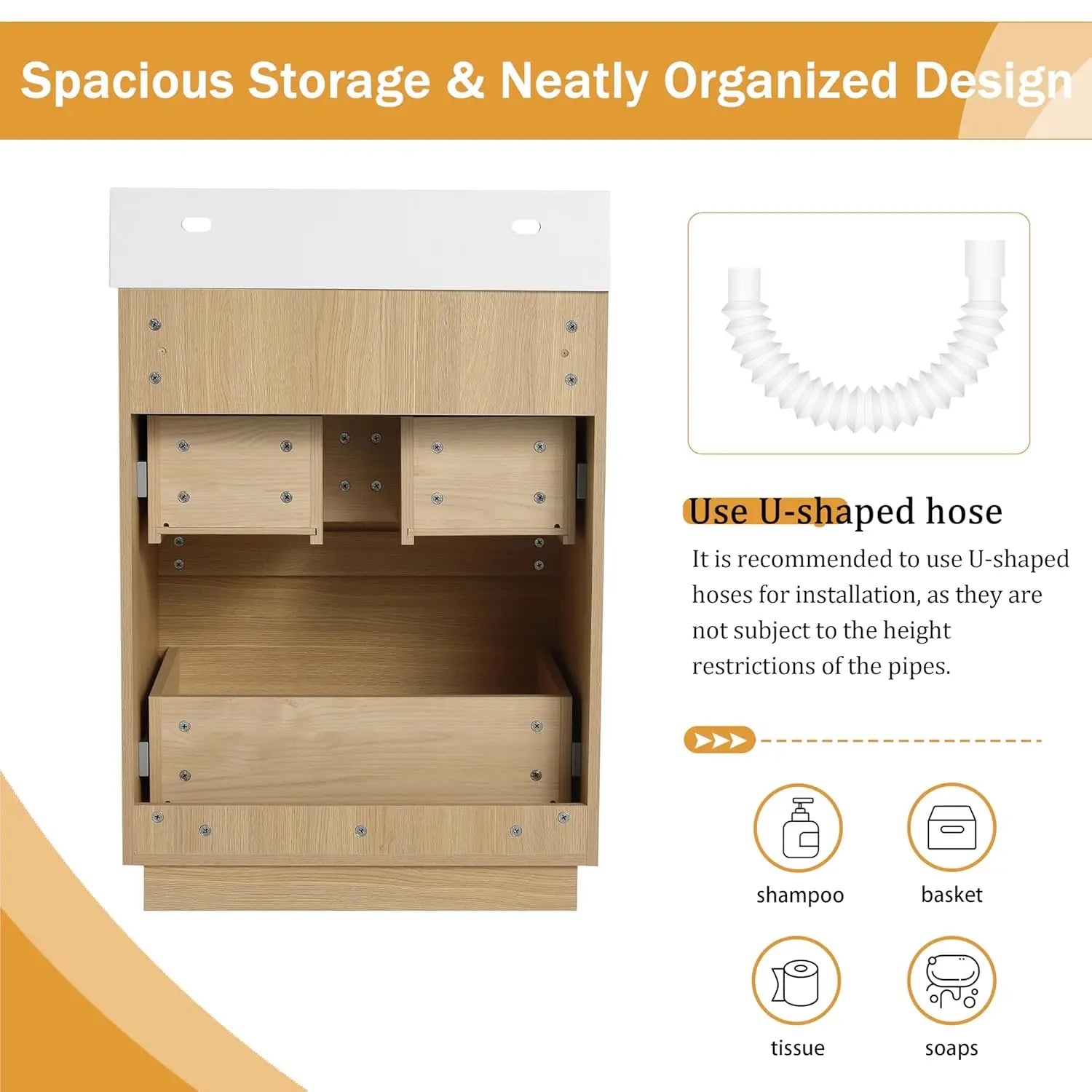 24 Inch Freestanding Bathroom Vanity with Resin Sink, Double Drawer Soft Close Storage Cabinet Basin Top Combo,, Customized