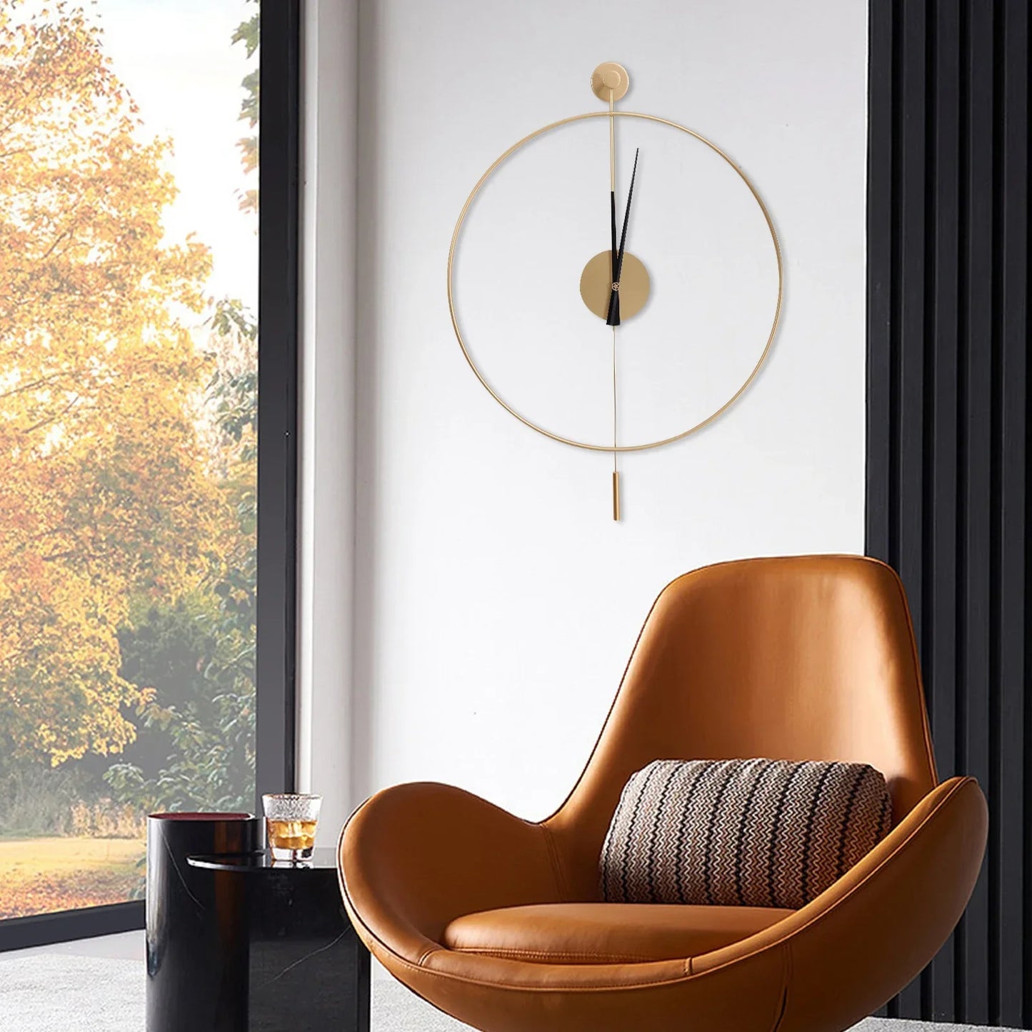 Gold Wall Clock with Pendulum Hollow Design Battery Operated Silent Quartz Movement 50cm Round for Living Room Decor