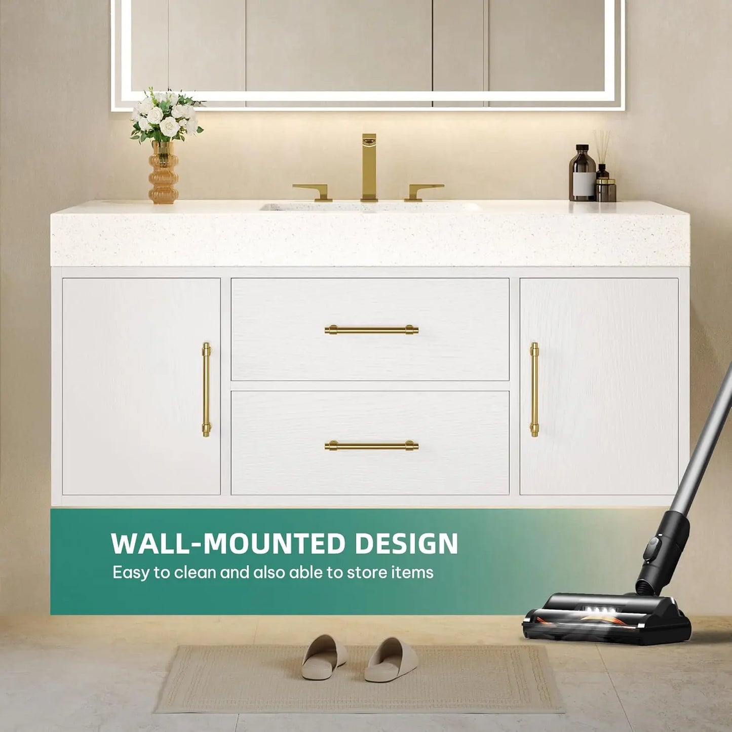 White Floating Bathroom Vanity 48 Inch Wall Mounted Bathroom Vanity with White Sintered Stone Countertop
