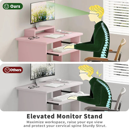 30" Small Computer Desk with Keyboard Tray Monitor Stand, Study Writing Desk with Storage Shelves, Modern Workstation for Small