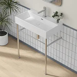 30"x16" Console Bathroom Sink, Free Standing 30 Inch Bracket Stainless Steel Support Pedestal Legs, Wall Mount Vessel Ceramic V