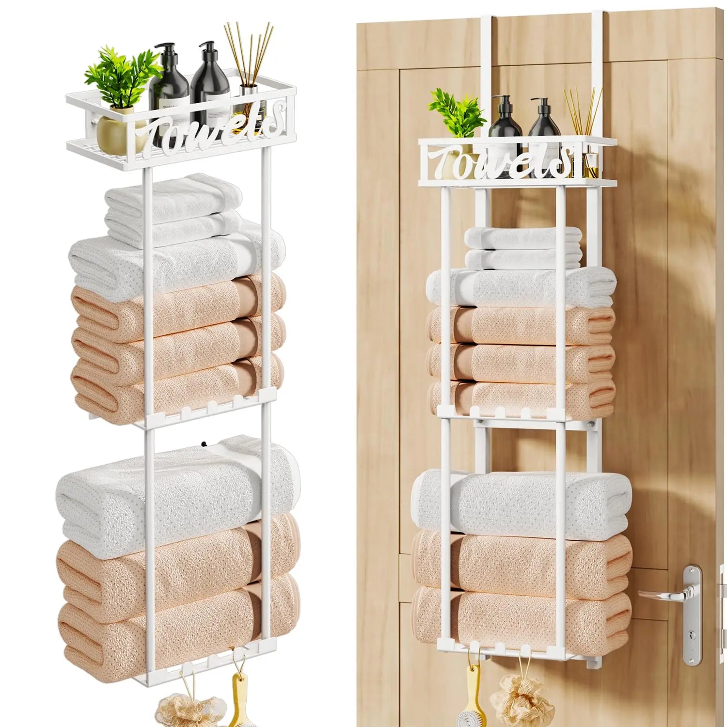 Towel Rack Bathroom Storage - 3 Tier Over The Door &amp; Wall Mounted Rolled Towel Racks Holder Organizer With Metal Shelf An