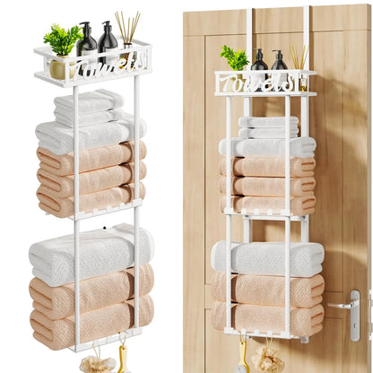 Towel Rack Bathroom Storage - 3 Tier Over The Door &amp; Wall Mounted Rolled Towel Racks Holder Organizer With Metal Shelf An