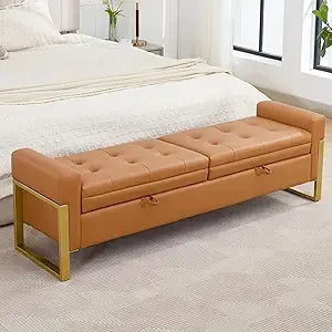 67" Storage Bench for Bedroom End of Bed, Velvet King Size Bed Bench with Double Lids and Gold Legs, Storage Ottoman Bench with
