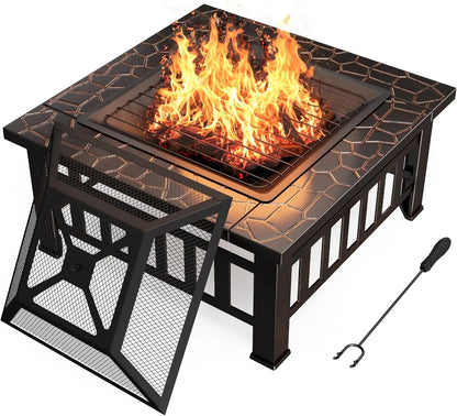 Outdoor Metal Fire Pit Table with Waterproof Cover for Patios