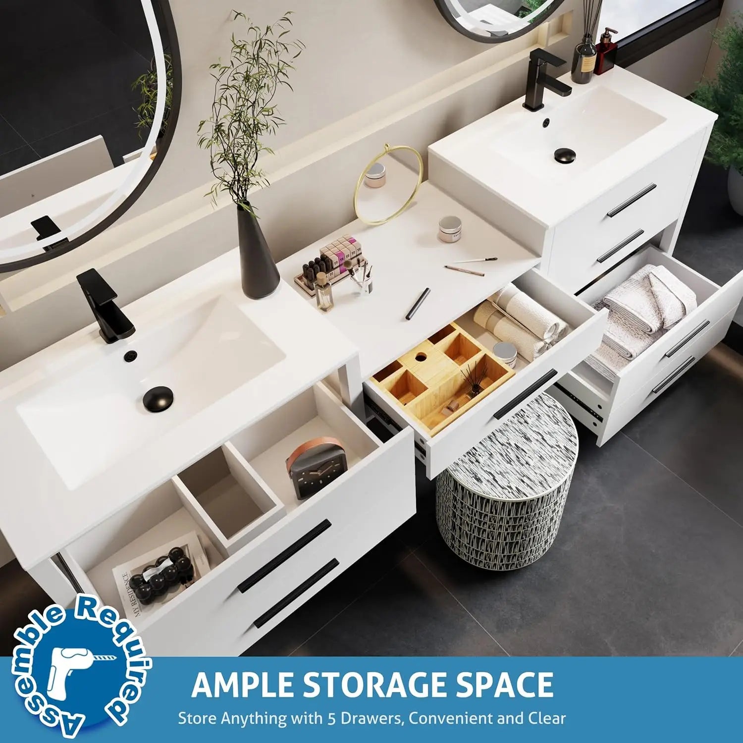 84" Modern Bathroom Vanity Sink Combo with 24" Makeup Desk 30" Dual Basins Faucets Drains White Customized