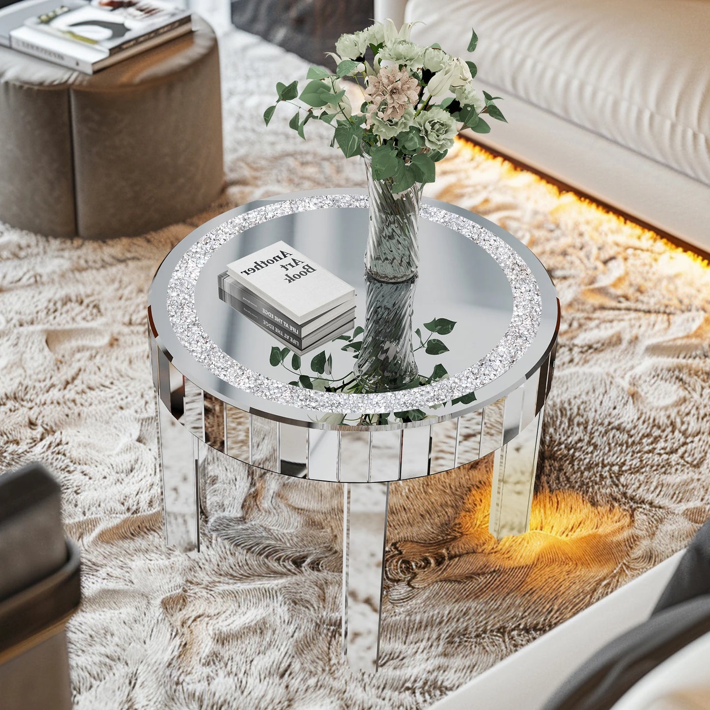 Folded Crushed Crystal Mirrored Round Coffee Table