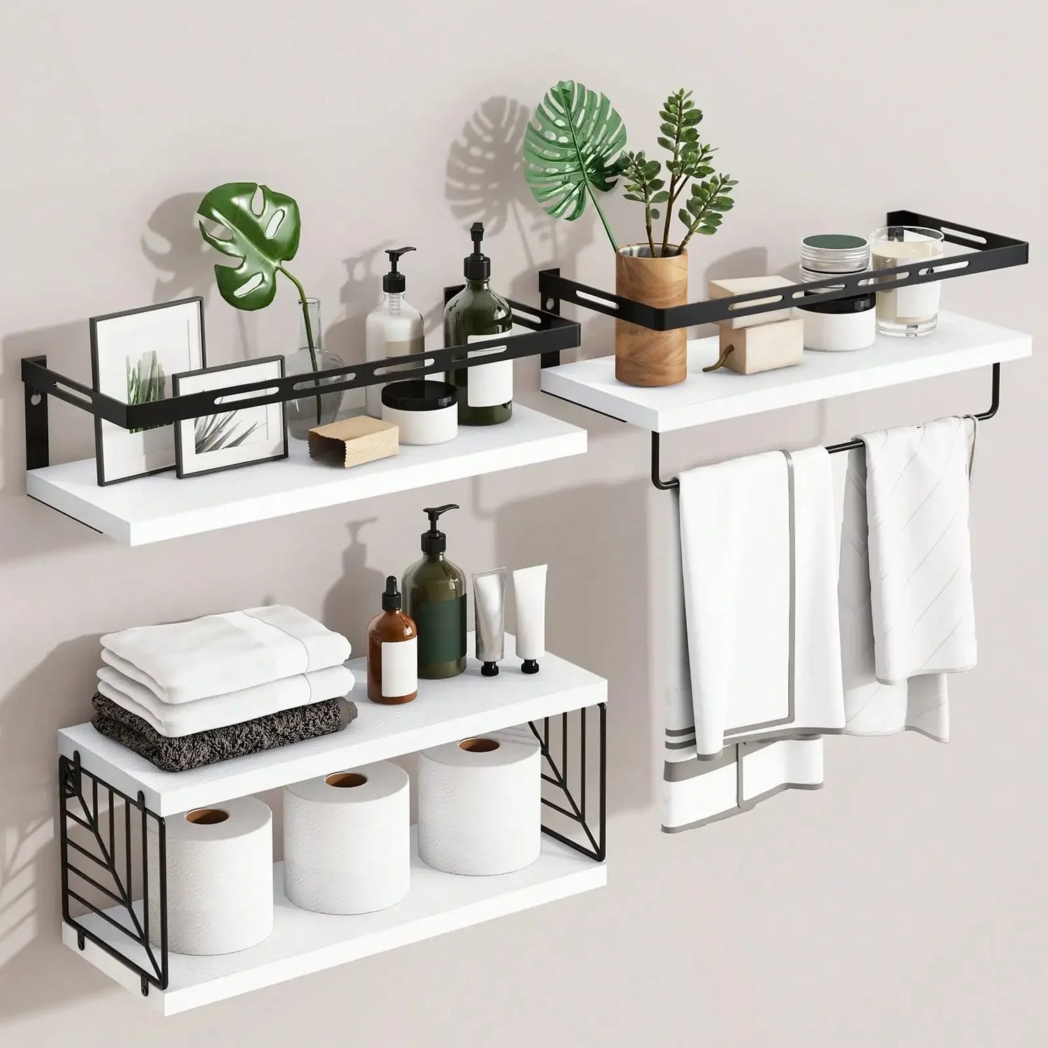 Tomnk Wall Mounted Bathroom Shelves Over Toilet, Rustic Wood Floating Shelves With Metal Frame And Towel Bar For Bathroom, Kitch
