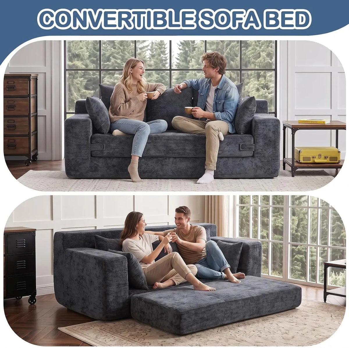 SUXI Boneless Sofa Bed With Storage Pocket Plush Velvet Couch