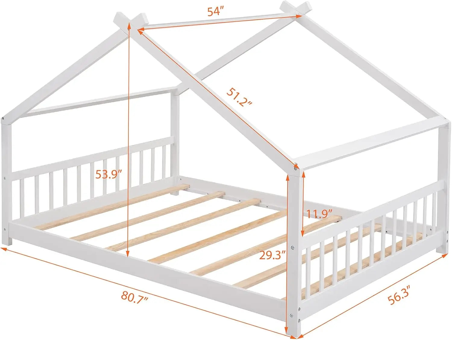 Full House Beds White Montessori Bed Wood Frame Kids Floor Bed with Headboard &amp; Footboard