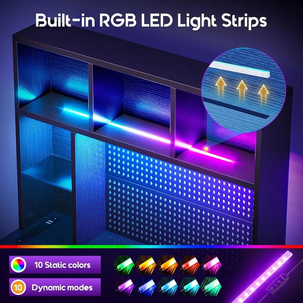 L Shaped Gaming Desk With Hutch, Pegboard, Shelves, LED Lights