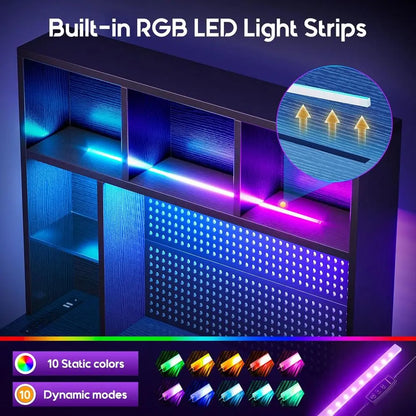L Shaped Gaming Desk With Hutch, Pegboard, Shelves, LED Lights