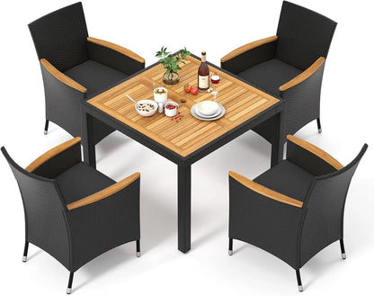 5 Pieces Rattan Outdoor Dining Set for 4,Outdoor Acacia Wood Table Set with 4Cushioned Wicker Chairs,Patio Dining Furniture Sets
