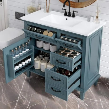 36 inch freestanding bathroom vanity with integrated ceramic sink, solid pine frame and MDF doors, three graduated drawers plus