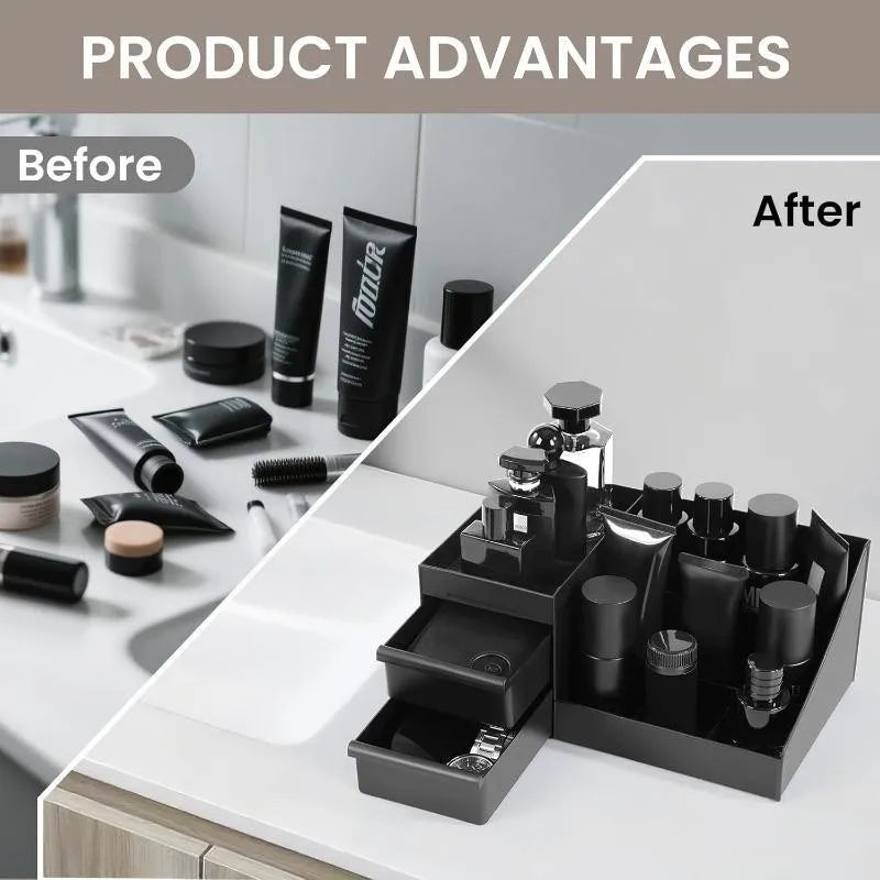 Black Skincare Organizer with Drawers Large Capacity Vanity Countertop Cosmetic Storage Box Multi Compartment Perfume Toiletry Bathroom Desktop Makeup Caddy