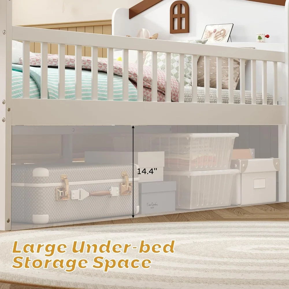 Platform Bed With House Headboard Guardrail and Four Storage Drawers