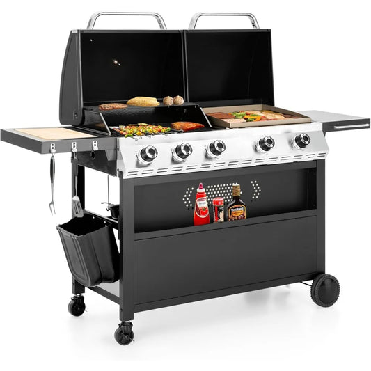 5 Burner Griddle Grill Combo, 2 in 1 Propane Gas BBQ Grill with Porcelain-Enameled Cast Iron Grates & Pan, Outdoor Flat Top Grid