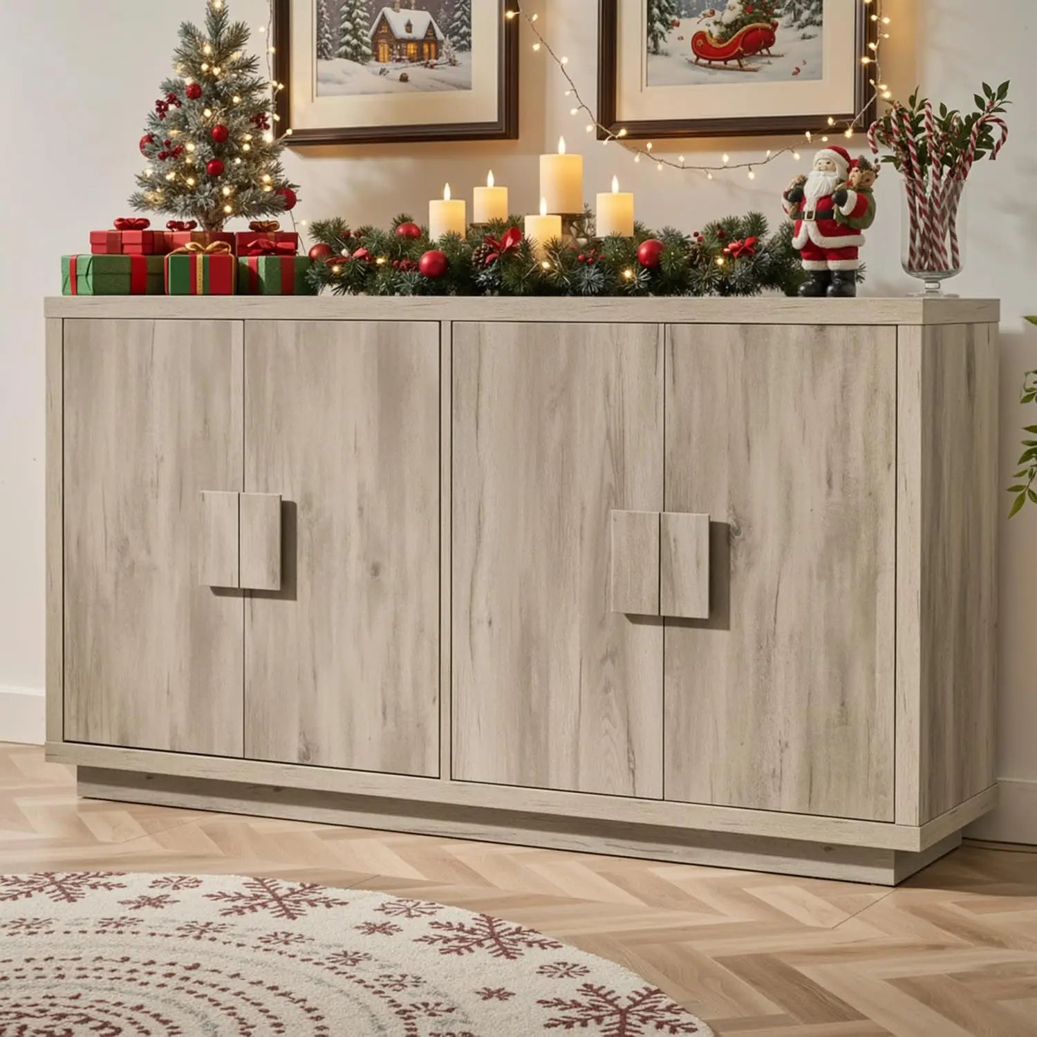 Buffet Cabinet With Storage, 63" Mid-Century Modern Sideboard Cabinet With 4 Doors &amp; Shelves, Kitchen Coffee Bar Credenza