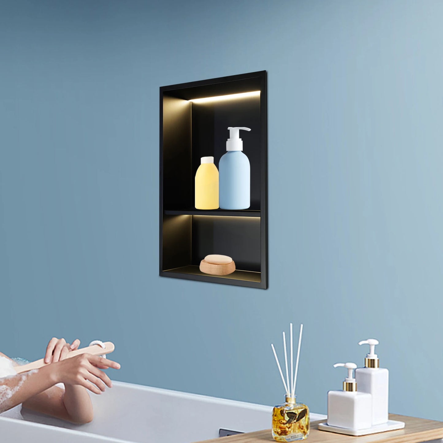 Stainless Steel Shower Niche Bathroom Wall Niche 2/3-Tier Wall Niche with LED Light