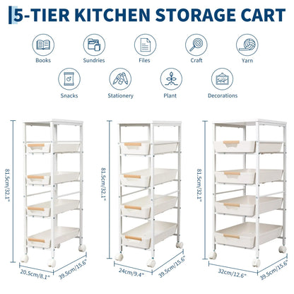 5 Tier Rolling Kitchen Cart With Pull Out Basket And Tabletop 20.5cm Storage Cart On Wheels Space Saving Organizer For Kitchen Living Room Pantry