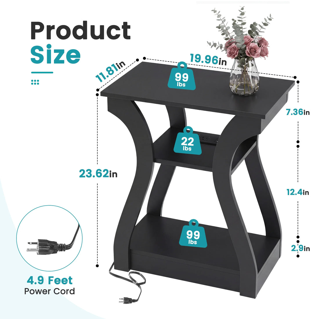JHK Curved End Table With Charging Station And Storage Shelf