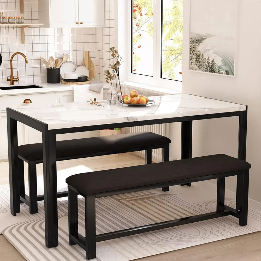 Dining Table Set with 2 Benches, Dining Table Set for 4-6 People, Artificial Marble Breakfast Table Set and PU