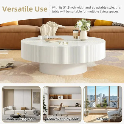 BestsellerRound Coffee Table for Living Room, Modern Wood Drum Center Table, Minimalist Fluted End Table with Sturdy Base, White