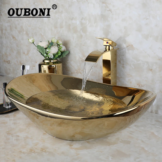 YANKSMART OUBONI Ceramic Luxury Bathroom Vessel Sink Set With Brass Faucet