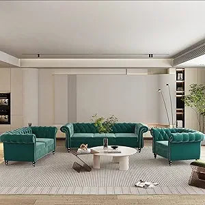 3 Piece Living Room Set, Velvet Chesterfield Sofa Loveseat Couch Chair with Scroll Arms and Nailhead for Living Room, Office (Bl