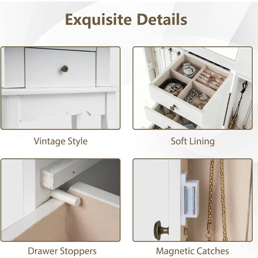 White Standing Jewelry Armoire Cabinet with 4 Drawers Flip Top Mirror Top Compartments 2 Side Doors 8 Necklace Hooks Freestandin