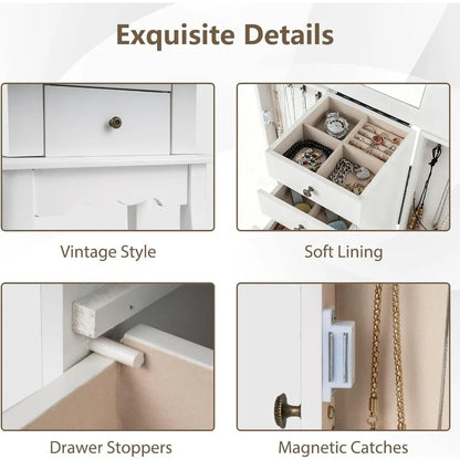 White Standing Jewelry Armoire Cabinet with 4 Drawers Flip Top Mirror Top Compartments 2 Side Doors 8 Necklace Hooks Freestandin