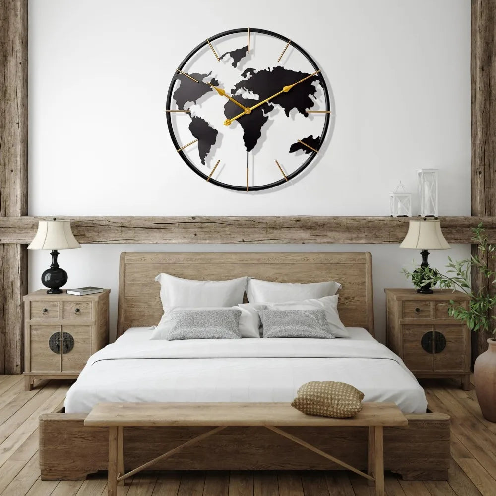 World Map Wall Clock, Metal Minimalist Modern Clock, Round Silent Non-Ticking Battery Operated Wall Clocks for Living Room/Home.