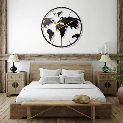 World Map Wall Clock, Metal Minimalist Modern Clock, Round Silent Non-Ticking Battery Operated Wall Clocks for Living Room/Home.