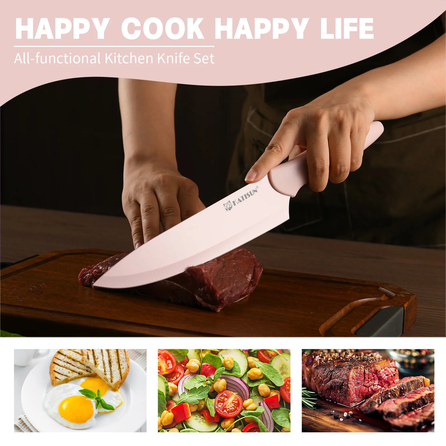 14 Pieces Pink Kitchen Knife Color Block Set , Anti-Rust Color Titanium Coated Carbon Steel, 12 Knives with Shears and Block