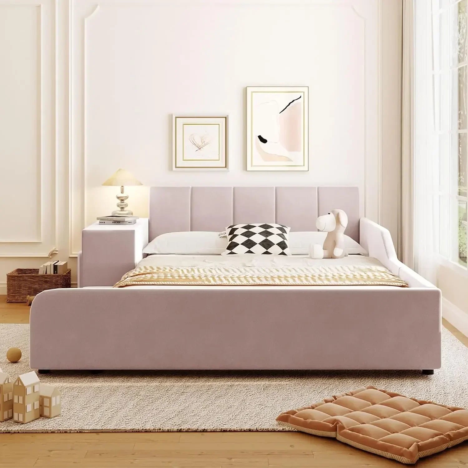 Velvet Upholstered Grounded Bed Platform Bed, Wooden Full Size Mother &amp; Child Bed Frame with Bedside Desk and Little Round Stool