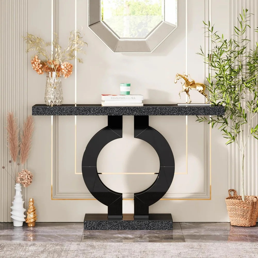 43” Modern Console Table with O-Shaped Base, Entryway Sofa Table with Mirror Finish for Living Room, Hallway, Entrance
