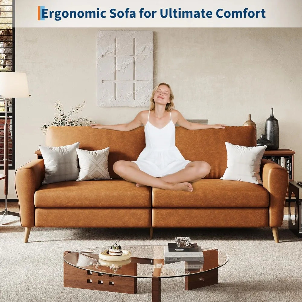 84 Inch Sofa Couch, Large 3-Seater Sofa w/Streamlined Armrests, PU Leather Loveseat Wood Feet, Comfy Couch for Living Room