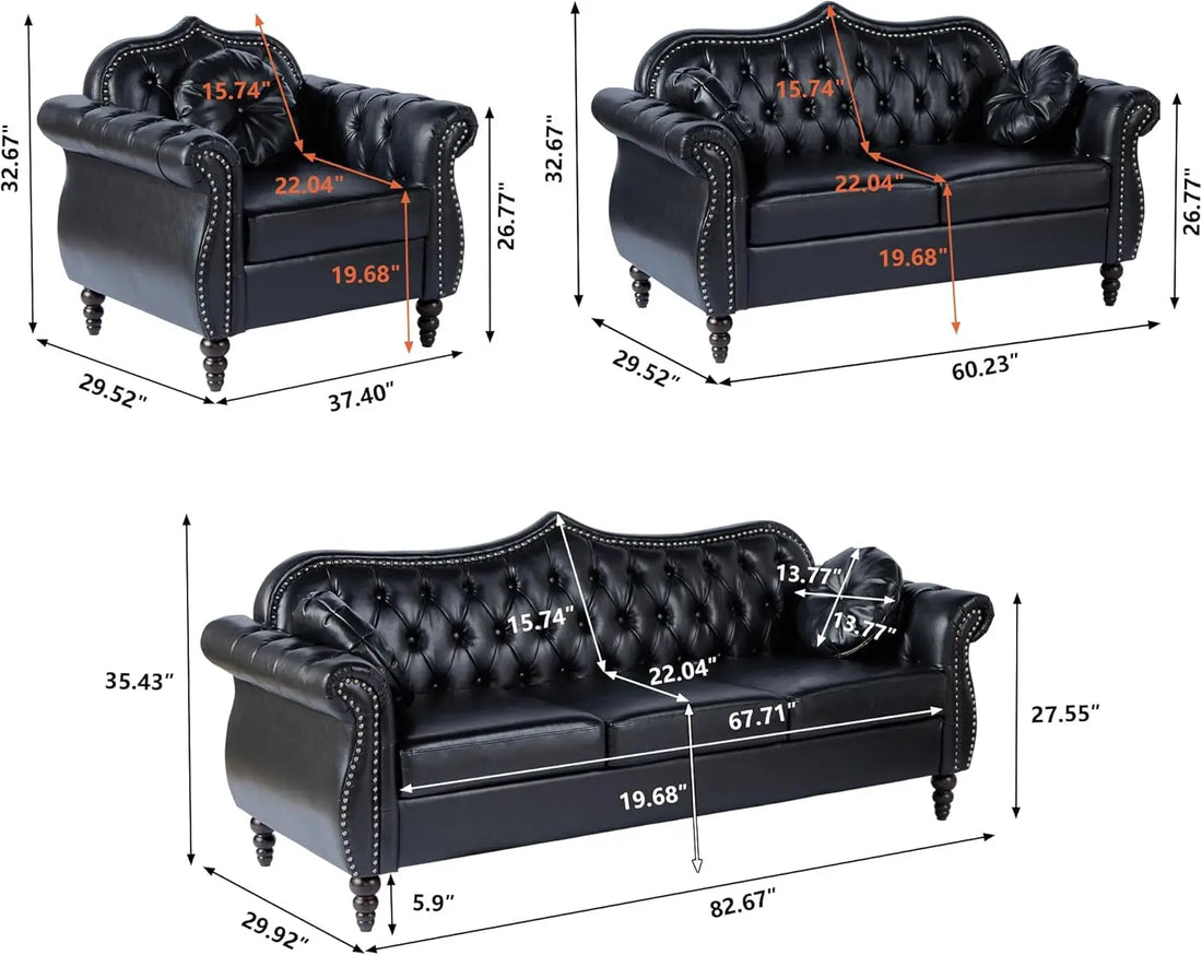 Black Mid-Century Modern 2-Seater Loveseat with Deep Button Tufting and Throw Pillows