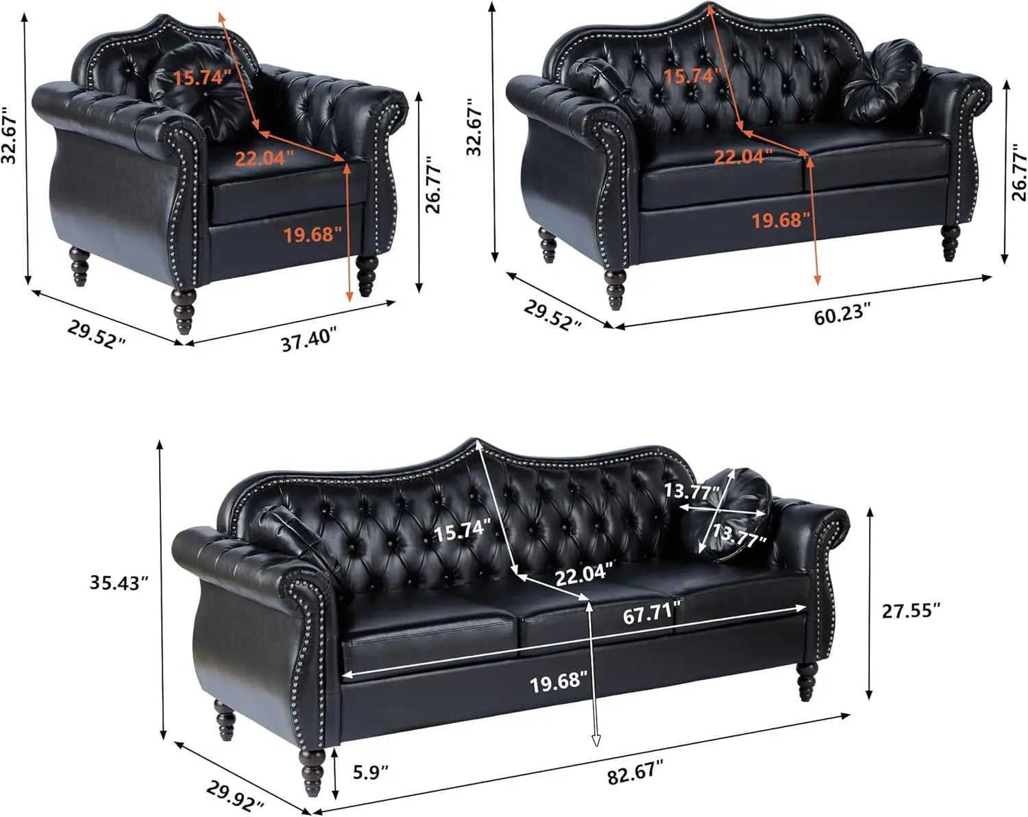 Black Mid-Century Modern 2-Seater Loveseat with Deep Button Tufting and Throw Pillows